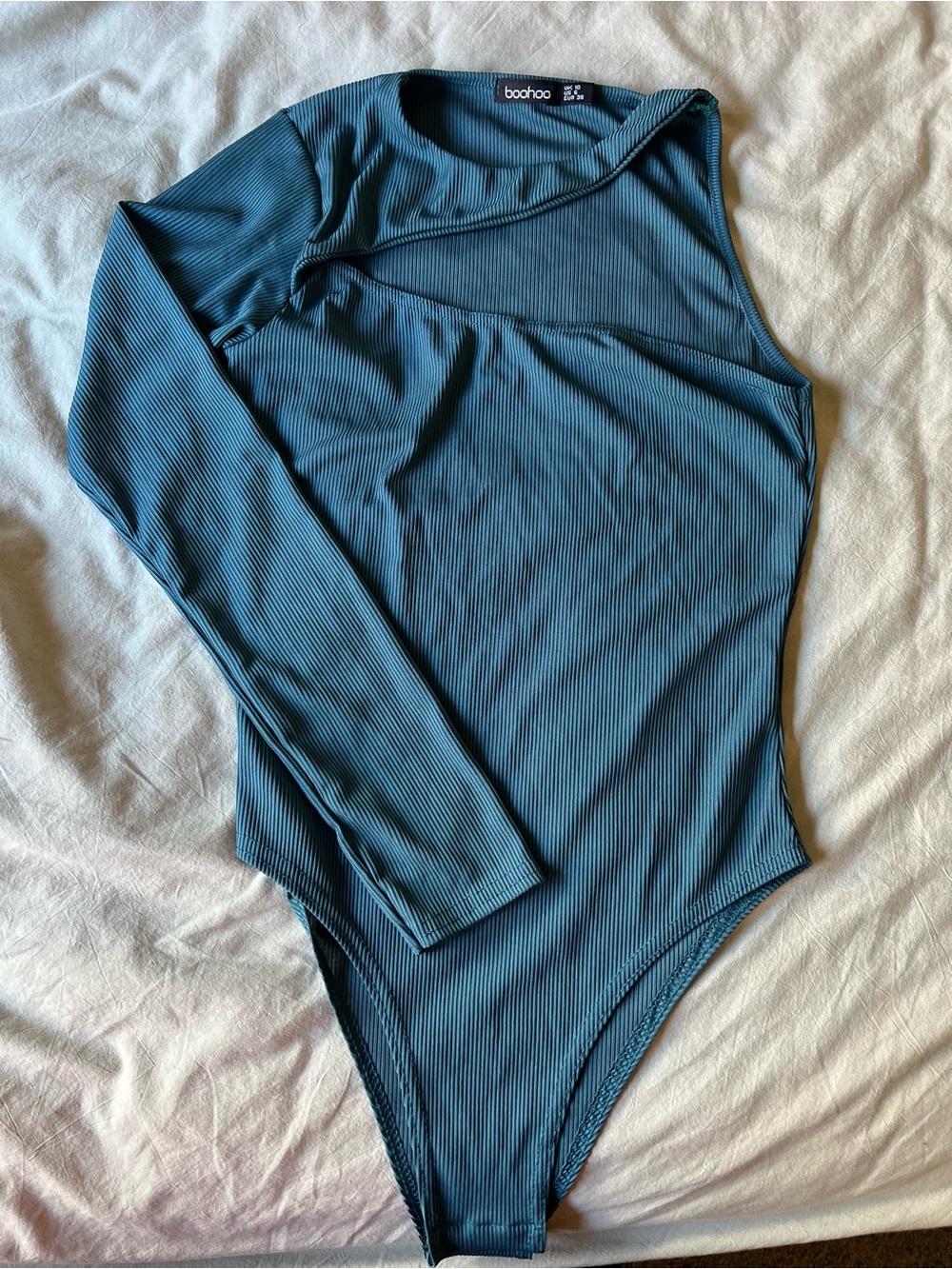 Boohoo Teal Ribbed One-Shoulder Long Sleeve Bodysuit